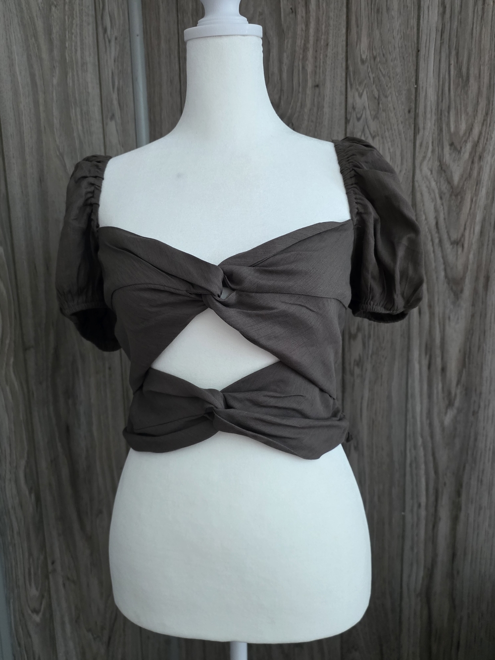 American Threads Brown Twist Cutout Puff Sleeve Crop Top